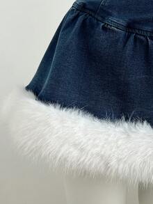 Elamini 女式撞色毛绒拼接牛仔吊带裙 - 藍色 - 查看 5