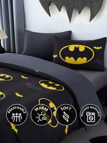 BATMAN X SHEIN 3pcs Black All-Over Bat Print Duvet Cover Set, Brushed Material, Soft And Warm, Multiple Sizes, Suitable For Single/Double/Queen/King Size Beds