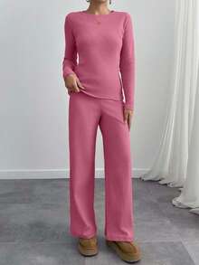 EURMUSE Solid Color Knit Top And Pants Set, Casual For Autumn/Winter - Pink - View 3