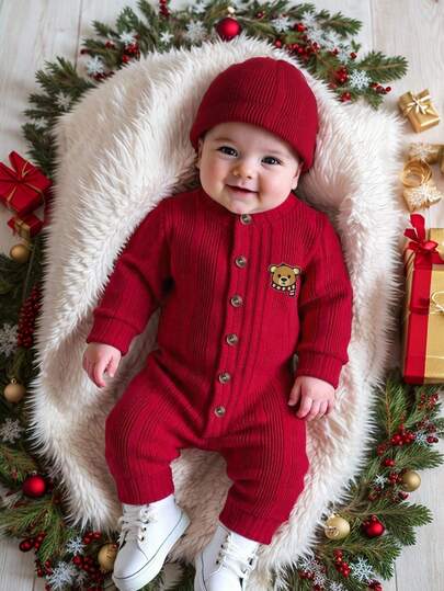 SHEIN 1 件男婴纯色羊毛连体衣，柔软舒适休闲风格，适合秋冬季外出、户外玩耍、度假、日常穿着、旅行