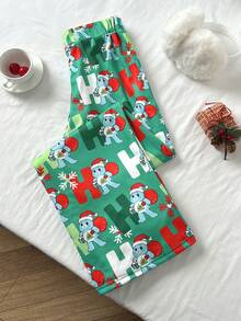 Sunnyshic 1pc Women's Casual Loose Fit Straight Leg Pants With Elastic Waist, Green Christmas Santa Claus & Tree Print, Thermal Lined, Comfortable & Soft, Suitable For Christmas, Dates, Autumn/Winter