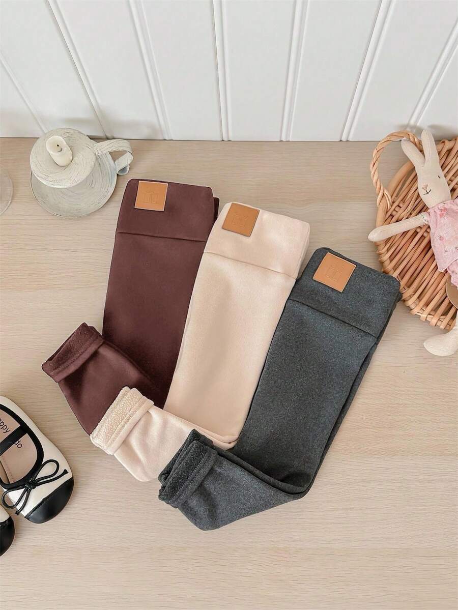 SHEIN LMoss Kids LMoss 3件套女婴秋冬加厚保暖内衬打底裤（黑色、灰色和杏色）。买1送3，百搭休闲保暖内衬裤 - 彩色 - 查看 1