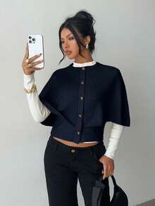 Elenzga Poncho femme boutonné, élégant cardigan tricoté chauve-souris - bleu indigo - Voir 3