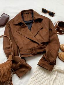 Comfortcana Áo khoác trench coat dài/ngắn cổ bẻ dáng rộng cho nữ - Cà phê nâu - Xem 3
