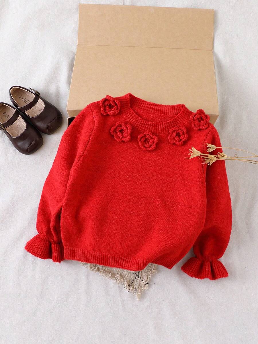 SHEIN 复古手工钩编厚针织圆领长袖毛衣,适合秋冬季节,时尚优雅,袖口和下摆饰有荷叶边花边,红色毛衣 - 紅色 - 查看 1