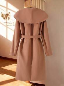 GlowEve Women's Elegant Brown Poncho-Style Coat With Large Lapel, Double Pockets, Metal Buckle Belt, Long Sleeve, Flared Hem, Fitted Design, Autumn/Winter - Brown - View 2