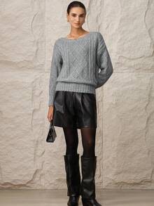 Modelyn Women's Asymmetrical Shoulder Sweater With Tie Neck - Grey - View 4