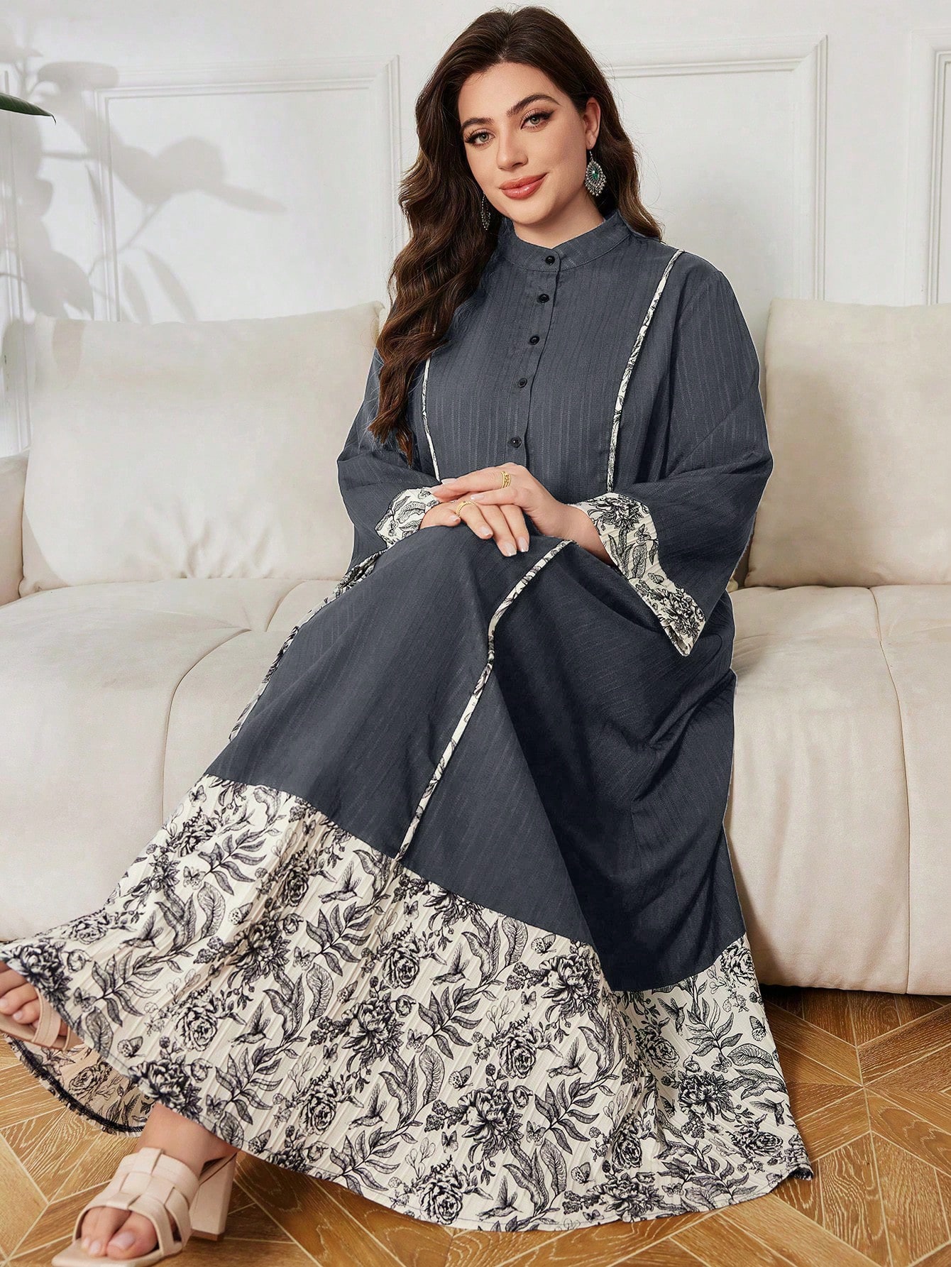 Lacomfia فستان كاجوال بطبعات مرقعة، أكمام طويلة، ق...