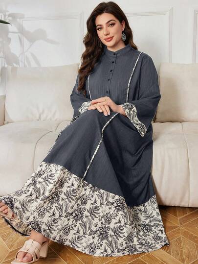 Lacomfia 大码休闲印花拼接长袖宽松连衣裙，春秋季