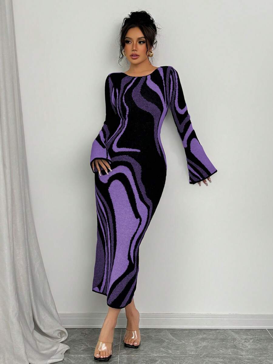 Elenzga Women's Color Block Round Neck Flare Sleeve Elegant Bodycon Knit Dress - Mauve Purple - View 1