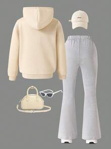 2pcs Girls Colorful Floral Print Hoodie Sweatshirt And Pants Casual Outfit - Apricot - View 2