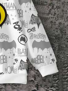 BATMAN X SHEIN 85th 男童街头风休闲宽松蝙蝠印花卫衣，适合秋冬季穿着 - 白色 - 查看 3