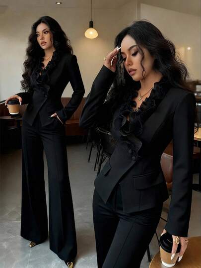 Elenzga 女士优雅荷叶边领休闲夹克，适合日常通勤，时尚，法式优雅，复古，商务，杏色，长袖，秋冬