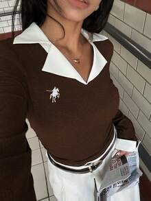INAWLY 女式休闲拼色翻领长袖上衣，春秋季 - 棕色 - 查看 8