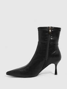 CUCCOO SZL 女士高跟踝靴，搭扣设计，尖头细高跟，侧拉链弹力修身踝靴，秋冬时尚之选 - 黑色 - 查看 4