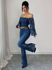 Elenzga 2pcs/Set Women Stylish Denim Outfit, Long Sleeve Cold Shoulder Top And High Waist Pants - Medium Wash - View 3