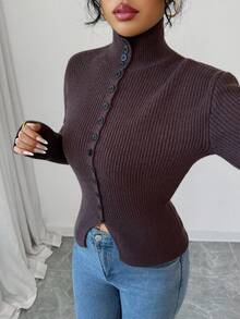 SHEIN Elenzya Cárdigan vintage elegante y versátil con estampado gráfico, ideal para citas, trabajo, oficina, casual de negocios, invierno - Café integral - Ver 4