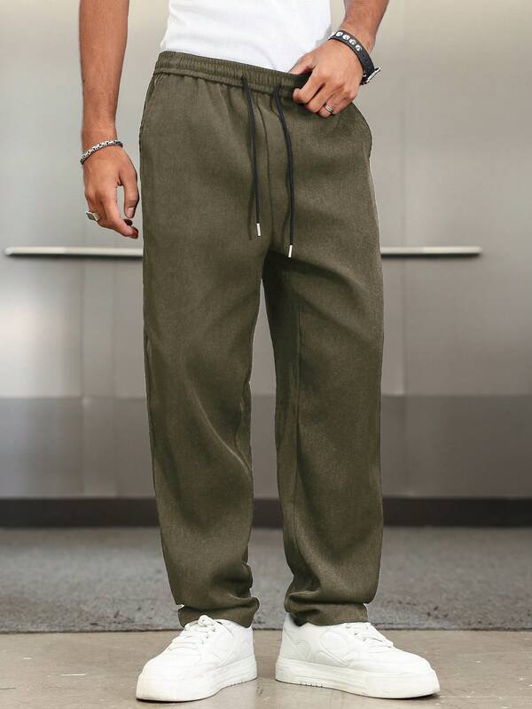 Manfinity Hypemode Solid Color Drawstring Waist Pocket Casual Straight-Leg Men Pants Men Loose Straight Leg Casual Pants Men Linen Pant Men Drawstring Pants Olive Green Pants Men Khaki Joggers Men