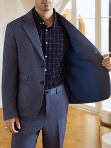 Manfinity Bizformal 男士纯色直领长袖前扣时尚商务西装 T2527，蓝色