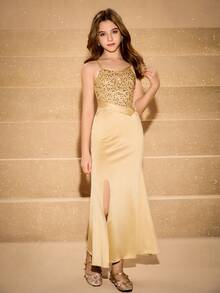 Tween Girl' 亮片拼布腰部开衩下摆优雅圣诞派对连衣裙 - 杏色 - 查看 3