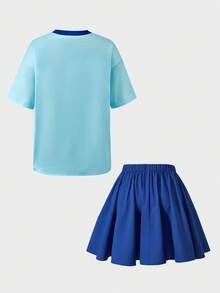 SHEIN 2件套少女粉色蝴蝶结字母V领黑色宽松T恤和粉色V字褶裙套装，甜美可爱 - 彩色 - 查看 2