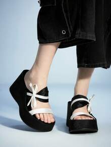 Sugerpunk Women's Fashion Black Platform Wedge Sandals - Black - View 3