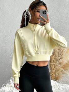 SHEIN EZwear 女士前拉链长袖简约短款卫衣，休闲日常穿着，长袖上衣，适合毕业、教师、秋冬季返校季穿着，黄色 - 杏色 - 查看 5