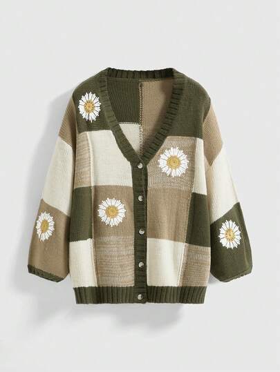 Fairycore Plus Size Fairycore Vintage Plaid Green Cardigan Sweater, Embroidered Daisy Floral Pattern, Plus Size Cottagecore Sweater Jacket For Women
