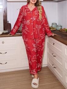 SweetSlumber 加大码可爱蝴蝶结泡泡褶皱睡衣套装，适合女性，圣诞节、秋冬季穿着 - 彩色 - 查看 3