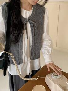DAZY 2件套女士纯色针织背心和衬衫套装 - 灰色 - 查看 7