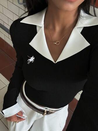 Rina Fox Women's Knight Print Contrast Color Lapel NeckLong Sleeve Fitted Fashionable Top Fall Cloth For Women