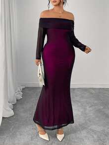 Cravure Plus Size Women's Elegant Black Off Shoulder Contrast Color Fitted Waist Dress - Black - View 5