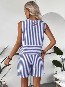 EMERY ROSE 2pcs/Set Women Casual Sleeveless Striped Round Neck Top And Shorts Set, Summer - Blue and White - View 2
