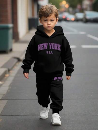 2 件套美国纽约年轻男孩宽松休闲简约连帽运动衫，适合秋冬季