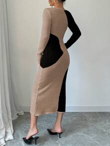 Elenzga 女式秋冬拼色圆领长袖修身优雅针织连衣裙 - 卡其色 - 查看 2