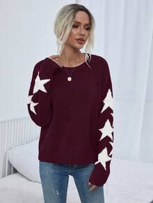EMERY ROSE Women's Colorblock Five-Pointed Star Pattern Long Sleeve Casual Pullover Sweater - Maroon - View 3