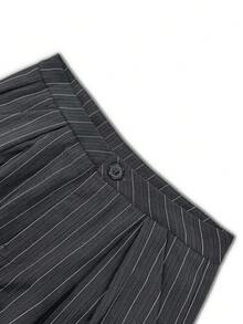 女士条纹蕾丝系带裤，秋冬商务休闲装 - 深灰色 - 查看 9