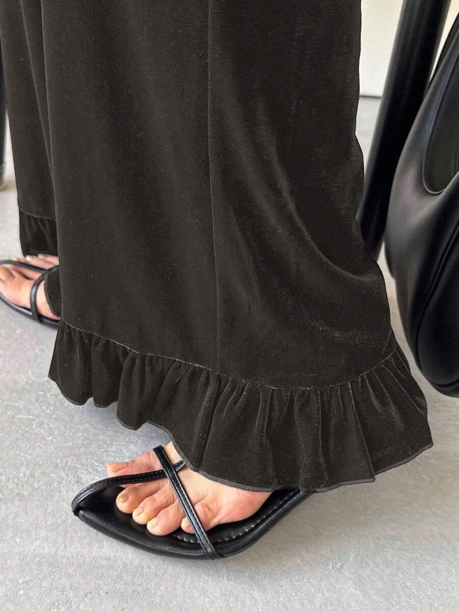 FRIFUL 女式宽松天鹅绒面料喇叭下摆拼接长裤,纯色,秋季 - 灰色 - 查看 1