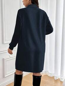 SHEIN Frenchy Plus Size Solid Color Stand Collar Casual Long Sleeve Dress New Year Party - Blue - View 2
