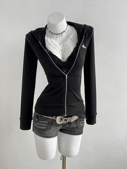 Elamini معطف نسائي مطرز مزود بسحاب وقبعة، بأكمام طويلة وفتحة للجسم