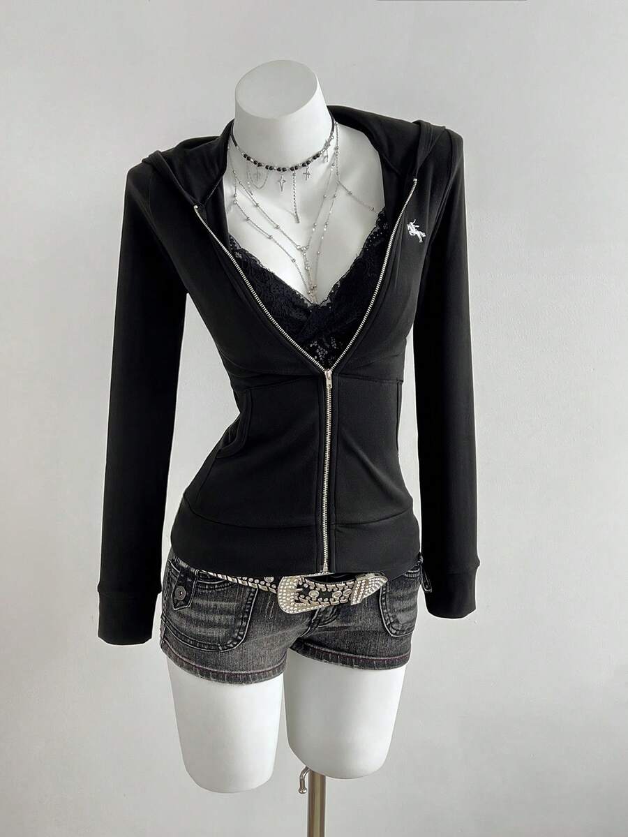 Elamini Women's Hooded Zip-Up Embroidered Fitted Long Sleeve Jacket - Black - View 1