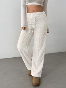 Flirla Women's Solid Color Drawstring Straight Leg Casual Fleece Warm Pants - White - View 5