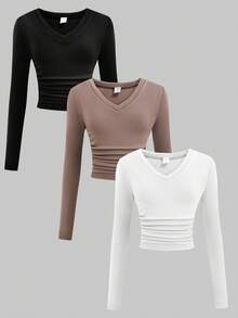 SHEIN All-Match Color Knit Fleece V-Neck Ruched Waist Slim Fit Long Sleeve Base Layer Casual T-Shirt Top, Winter - Multicolor - View 9