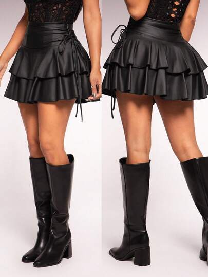 Radiana Women's Sexy Casual Street Style Elastic PU Coated Fabric Drawstring Waist Layered Ruffle Hem Mini Skirt, Suitable For Daily Wear, Music Festivals, Concerts, Carnival Parties, Date Nights, Birthdays, Singles Parties, Clubs, Cute Casual Looks, Shopping, Street Fashion, Outings, Stylish, Easy To Match, Flattering Silhouette