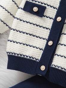 SHEIN Vintaside Kids 2pcs Baby Girls Striped Pattern Round Neck Button Front Long Sleeve Top And Solid Color Pants Sweater Set - Royal Blue - View 7