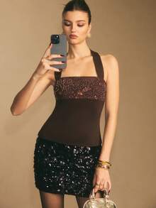 Poéselle Women's Summer Elegant Dark Brown Halter Neck Top,Patchwork Sequin & Beaded Decor Backless Tie Front Camisole,Date Night Clubwear Corset Top - Coffee Brown - View 6