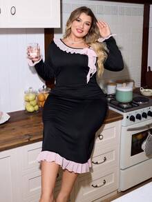Slumberry CURVE Plus Size Asymmetric Ruffled Contrast Color Comfortable Fitted Asymmetrical Neck Long Nightgown Sexy Nightgown Plus Size, For Fall & Winter - Black - View 4