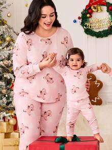 SHEIN Tween Girls Casual Homewear Crew Neck Long Sleeve Pajama Set - Pink - View 10