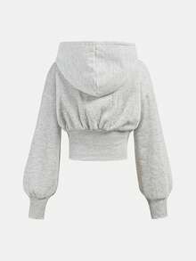 SHEIN 少女灰色短款卫衣，高腰长袖休闲纯色卫衣，秋冬季 - 淺灰色 - 查看 2