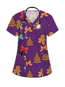 PopScrub Christmas Cartoon Print Scrub Uniform Top - Multicolor - View 1